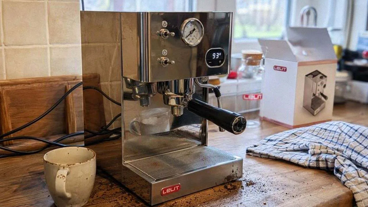A compact stainless steel espresso machine at the back of a kitchen worktop, coffee grounds scattered near its base